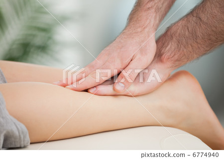 Physiotherapist massaging the calf of a woman Physiotherapist massaging the calf of a woman 6774940
