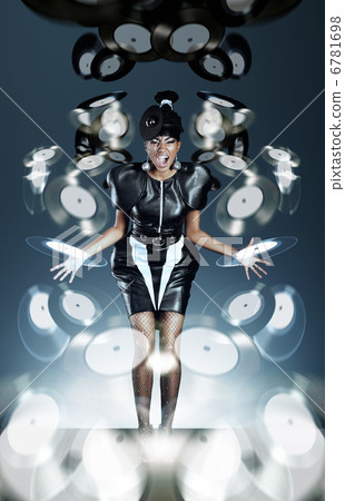 Futuristic african woman screaming with transparent vinyl record Futuristic african woman screaming with transparent vinyl record 6781698