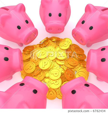 A pig's piggy bank surrounding a point coin A pig's piggy bank surrounding a point coin 6782434