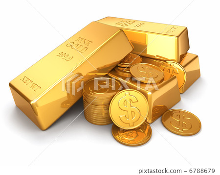 Gold ingots and coins on white isolated background 6788679