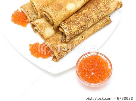 red salmon caviar and crepes on a plate on a white background 6788928
