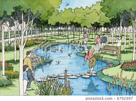 Park with biotope Park park Pond Dragonfly family handwritten illustration 6792897