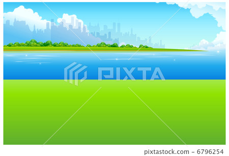 City Skyline with Green landscape and waterfront 6796254
