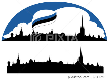 Tallinn city realistic skyline with editable sights - vector silhouette of Estonian capital  6811749