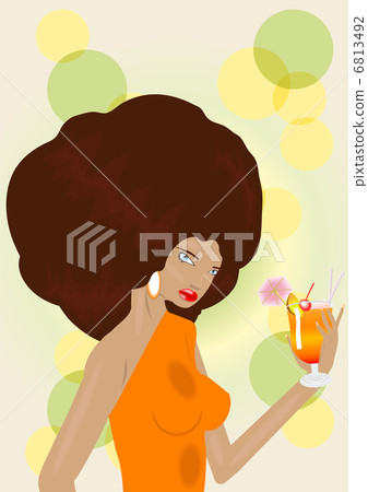 Pretty woman in orange dress holds cocktail. Vector illustration 6813492