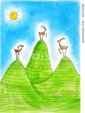 Three  Alpine ibexes, child's drawing, watercolor painting on paper 6815086