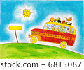 School bus trip, child's drawing, watercolor painting on paper 6815087