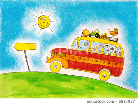School bus trip, child's drawing, watercolor painting on paper School bus trip, child's drawing, watercolor painting on paper 6815087