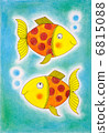 Two golden fish, child's drawing, watercolor painting on paper 6815088