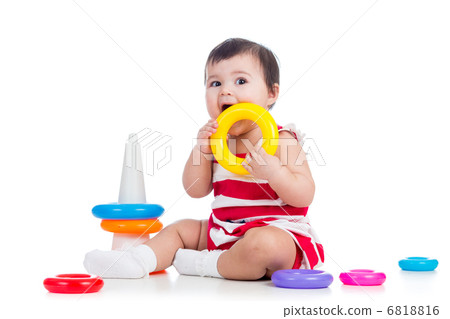 happy baby girl playing with colorful toy isolated on white happy baby girl playing with colorful toy isolated on white 6818816
