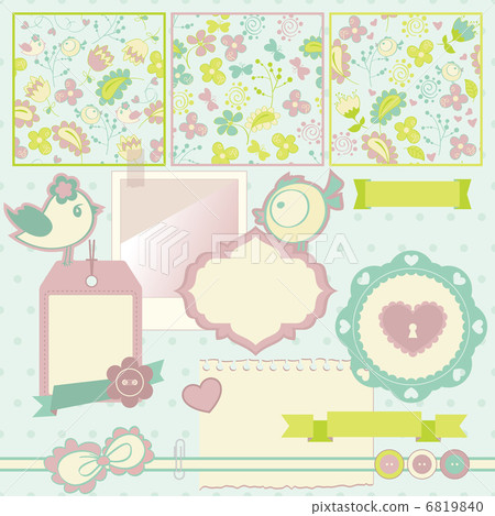 Scrapbook elements. Cute seamless patterns included. 6819840