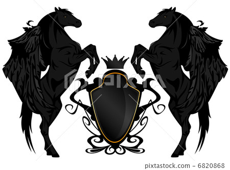 black winged horses with heraldic shield and crown black winged horses with heraldic shield and crown 6820868