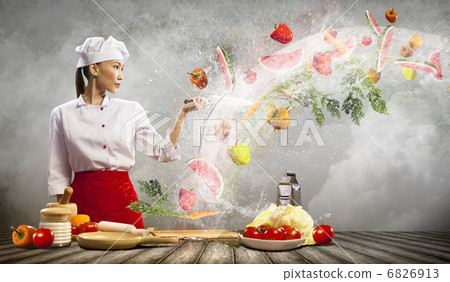 Asian female cook with knife 6826913