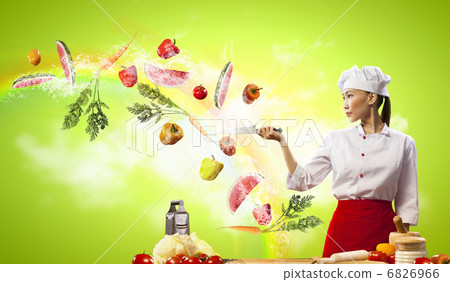 Asian female cook with knife 6826966