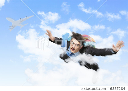 Young businessman flying with parachute on back Young businessman flying with parachute on back 6827284