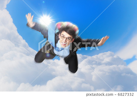 Young businessman flying with parachute on back Young businessman flying with parachute on back 6827332