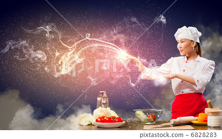 Asian female cooking with magic 6828283