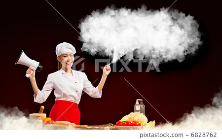Asian female cook holding megaphone 6828762