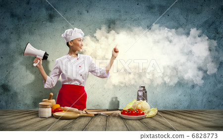Asian female cook holding megaphone 6828773