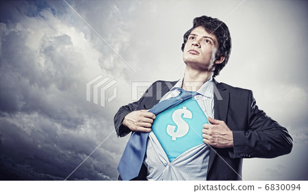 Businessman showing superman suit underneath shirt 6830094