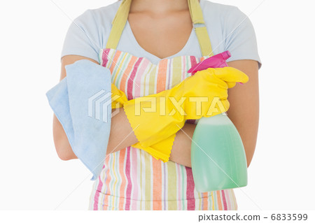 Woman holding window cleaner and rag 6833599