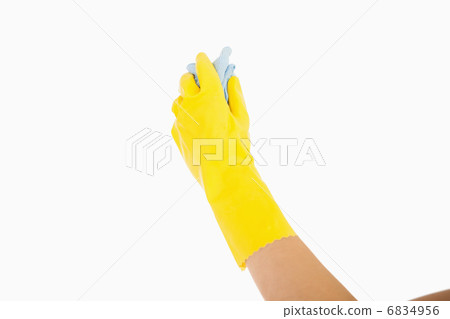 Hand cleaning with blue rag 6834956