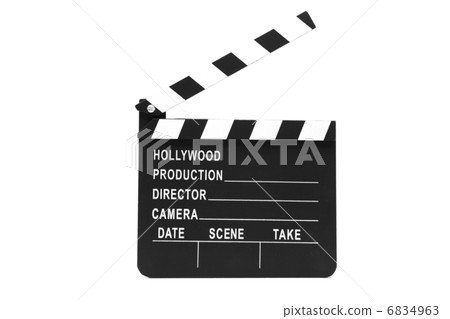 Film slate standing against white background 6834963