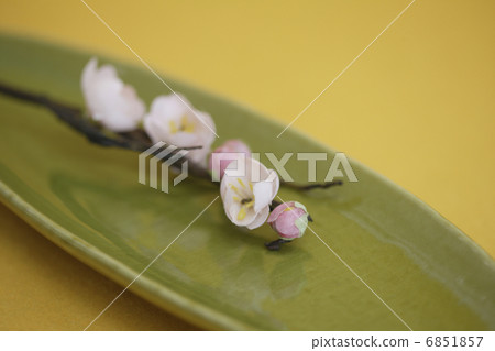 Japanese dish of peach color and peach blossoms 6851857