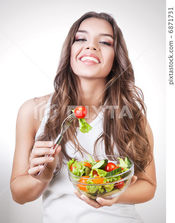 happy healthy woman with salad 6871731