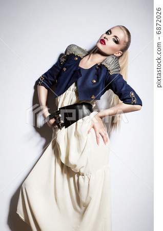 sexy blonde woman in long white dress and jacket sexy blonde woman in long white dress and jacket 6872026