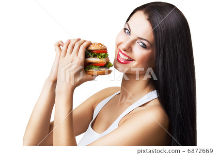 cute smiling girl holding hamburger 6872669