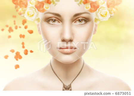 Beautiful Girl Face.Whits Perfect skin with flowers Beautiful Girl Face.Whits Perfect skin with flowers 6873051