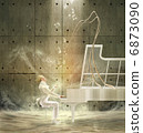 pianist in white suit playing the white piano on sand 6873090