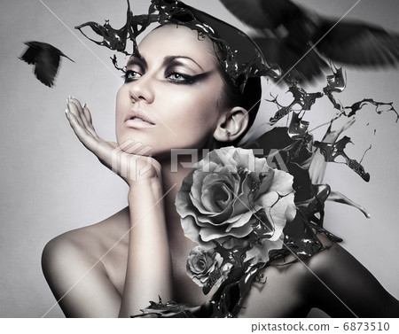 portrait of woman with black splash and crows 6873510