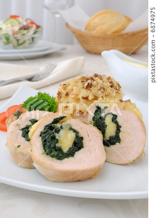 Chicken roulade stuffed with spinach and cheese Chicken roulade stuffed with spinach and cheese 6874975