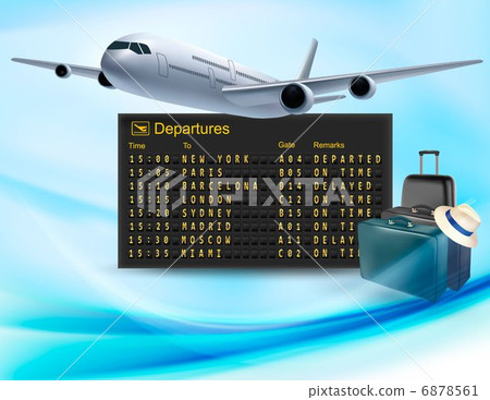 Travel background with mechanical departures board and airline. 6878561