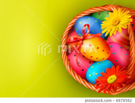 Easter background with Easter eggs and flowers with basket. Vect 6878562