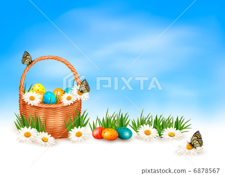 Easter background with Easter eggs in basket and butterfly on fl 6878567