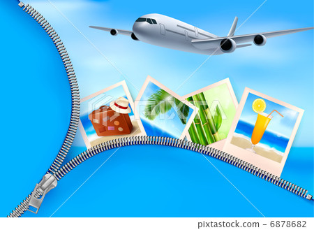 Background with airplane and with photos from holidays. Travel c 6878682