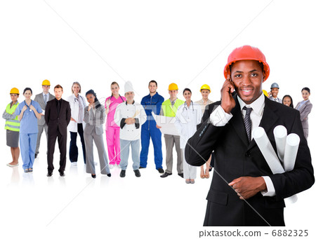 Architect on the phone in front of career group Architect on the phone in front of career group 6882325