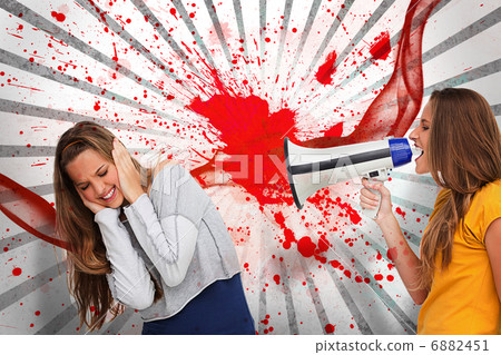 Blonde student yelling with a loudspeaker on a other girl 6882451