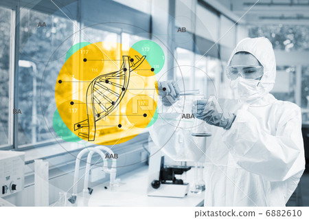 Protected female scientist pouring liquid in a Erlenmeyer flask Protected female scientist pouring liquid in a Erlenmeyer flask 6882610