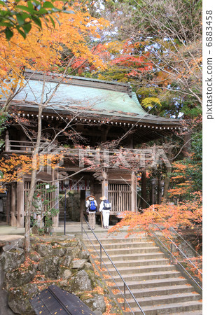 Autumn Shikoku Buddha No. 88 Buddhist temple "Okuboji" The mountain gate of autumn leaves and Mr. Pilgrim 6883458