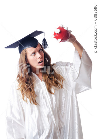 Student and piggy bank on white 6888696