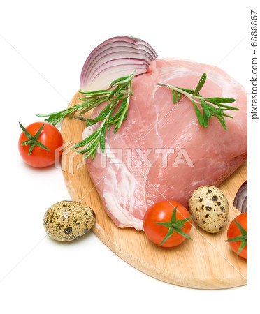 raw meat, tomato and quail eggs on a white background 6888867