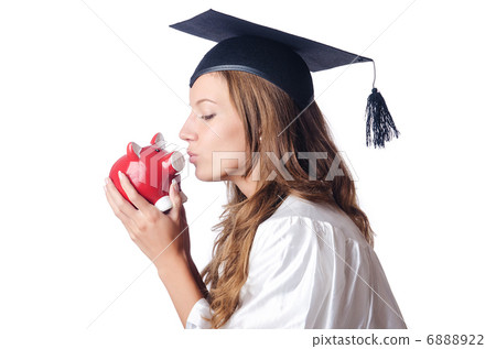 Student and piggy bank on white 6888922