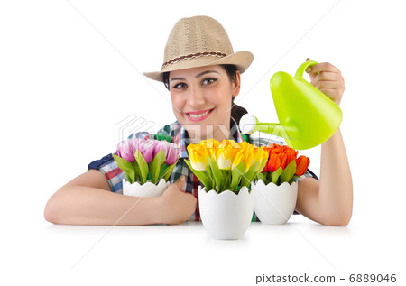 Girl watering plants on white Girl watering plants on white 6889046