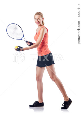 Woman playing tennis on white 6889107