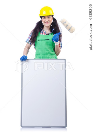 Woman builder with blank board Woman builder with blank board 6889296