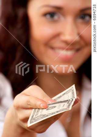 Young woman hand holding one dollar 6894718